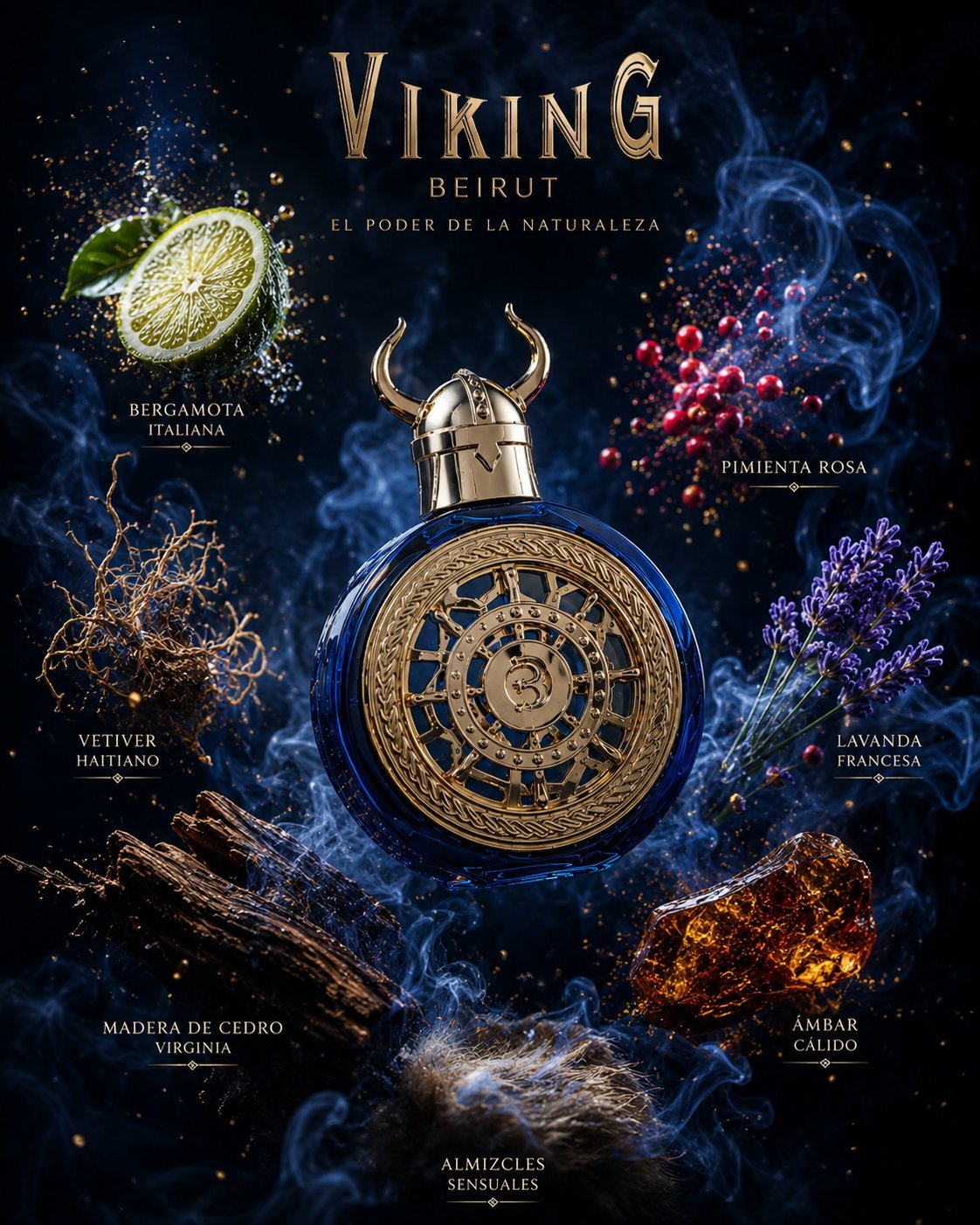 Pirámide olfativa Viking Beirut — bergamota, pimienta rosa, vetiver, lavanda, cedro, almizcle, ámbar