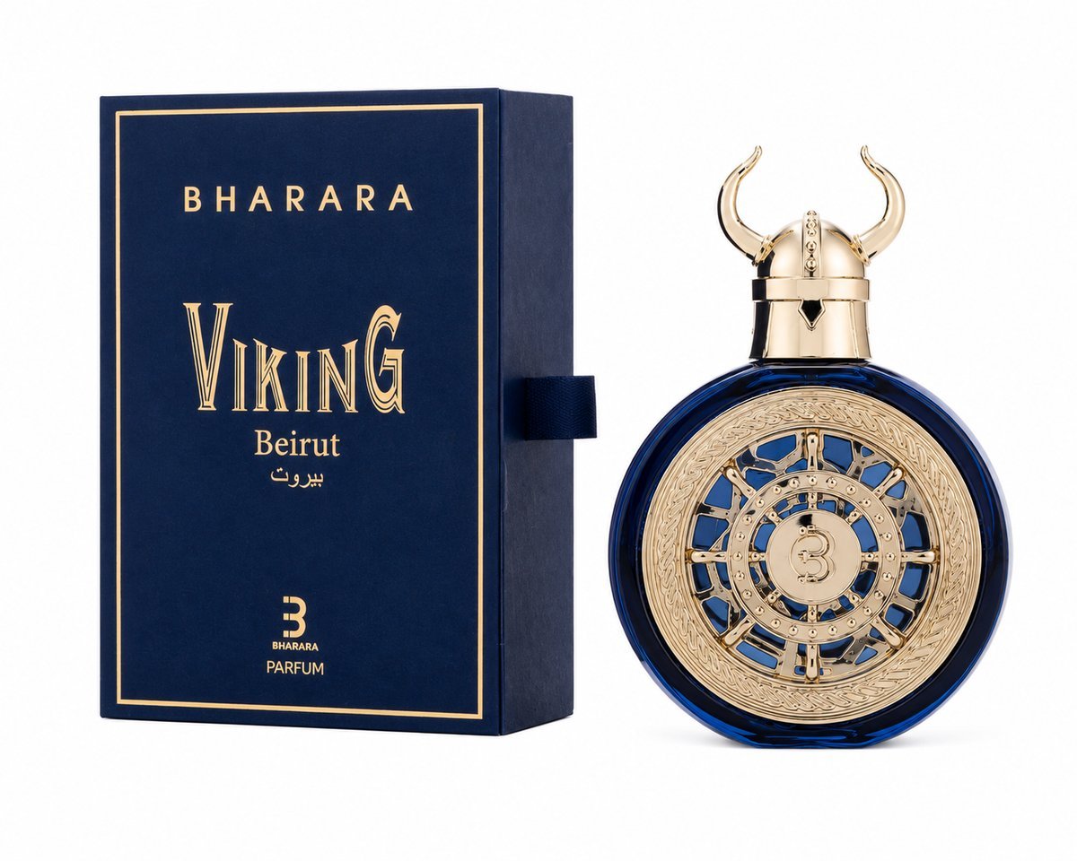 Bharara Viking Beirut packaging — frasco azul con casco vikingo dorado